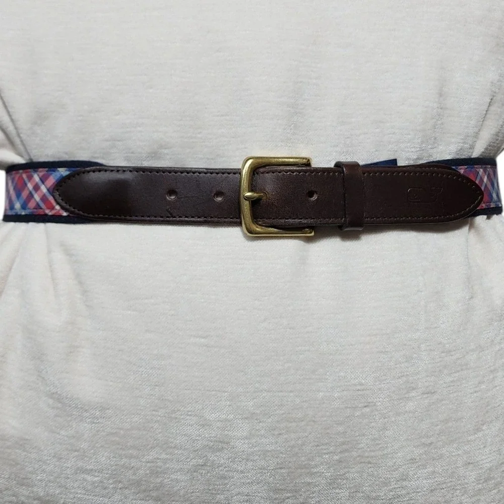 Vineyard Vines Belt Mens 32 Multicolor Plaid Canvas Leather Trim USA‎ Preppy